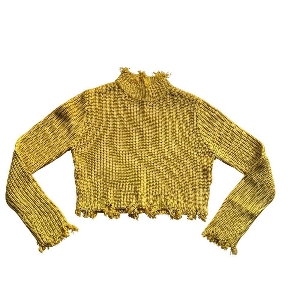Mustard Yellow Chunky Knit Long Sleeve Frayed Hem Crop Sweater Size M Y2K